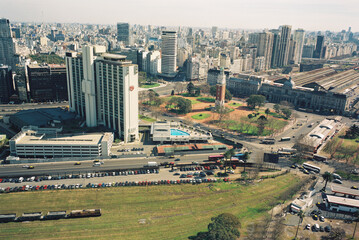 Aerial view from the drone of the city of buenos aires sheraton hotel and station retiro argentina