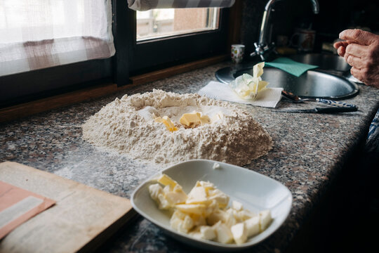 flour, eggs, butter and yeast
