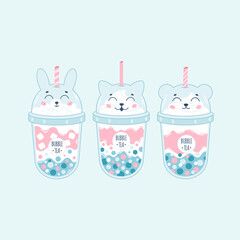 Collection of Bubble Milk Tea with tapioca pearls. Boba tea. Taiwanese drink. Summer cold drink. Hand drawn vector illustration