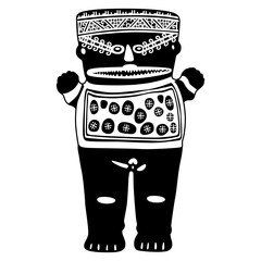 Ancient Peruvian figurines of Chancay culture. Fantastic human character. Female whale shark shaman. Indigenous native American art of ancient Peru. Black and white silhouette.