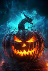 Naklejka premium Happy Halloween posters. pumpkin wallpaper with scary face. with a fantastic background. generative ai