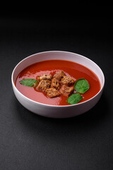 Delicious fresh gazpacho with breadcrumbs, salt and spices in a ceramic plate