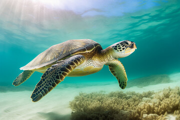 A turtle swimming in the ocean with the sun shining on it. World Turtle Day.
