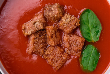 Delicious fresh gazpacho with breadcrumbs, salt and spices in a ceramic plate