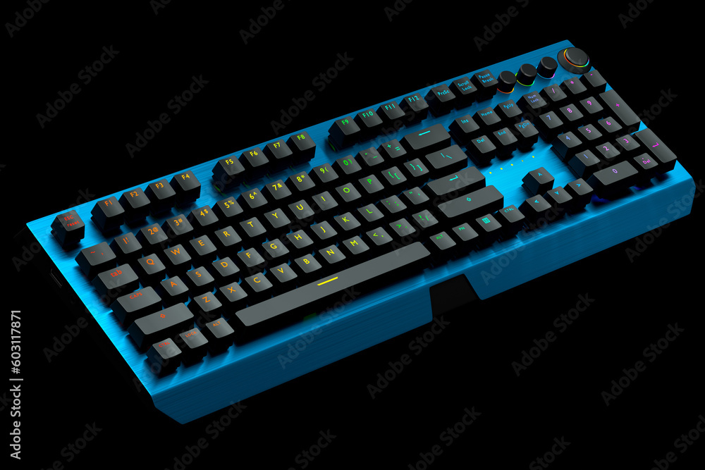Poster blue computer keyboard with rgb colors isolated on black background.