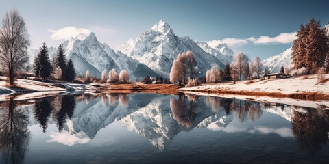 a body of water surrounded by snow covered mountains, a matte painting, fantastic realism, mirror reflection,  morning light, autumn mountains, perfect symmetrical image, golden ratio, generative ai
