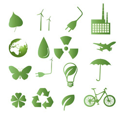 Ecological icon set. 16 green vector symbols for the environmental protection.