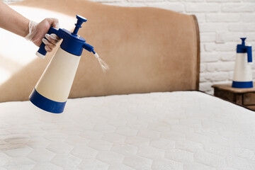 Mattress cleaning. Spraying detergent on mattress for dry cleaning. Professional cleaner in gloves is pouring detergent on mattress for removing stains and dirt.