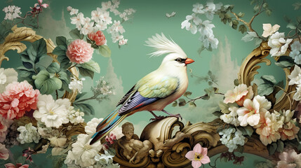 Bird among flowers retro style illustration made with generative AI tools
