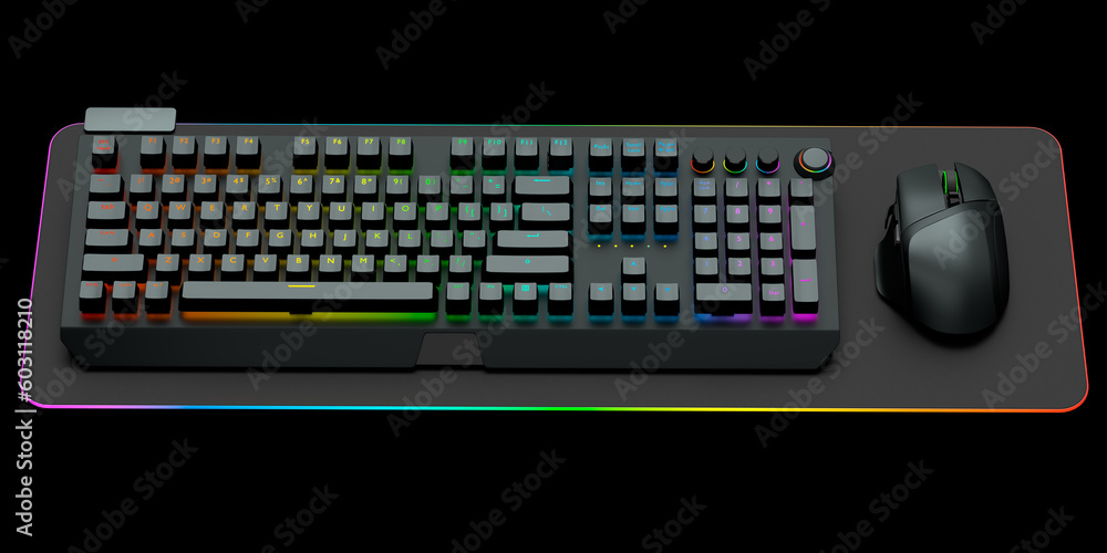 Poster computer keyboard and mouse on professional pad isolated on black background.