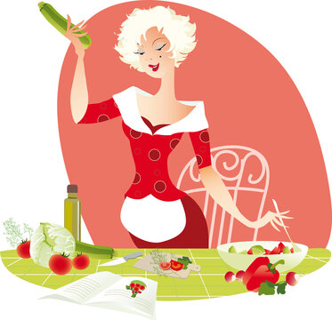 Illustration of a blond lady making summer salad by receipt