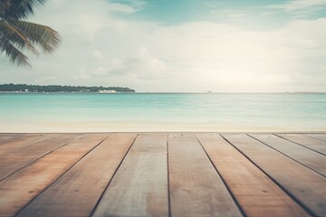 Fototapeta premium scenic ocean view from a wooden deck. Generative AI