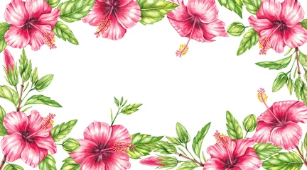 Fototapete Tropische Pflanzen Rectangular watercolor frame of hibiscus flowers
