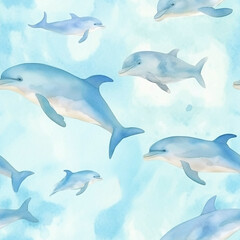 Obraz na płótnie Canvas Cute seamless pattern hand drawn in watercolor of dolphins on a pastel baby blue background perfect for childrens clothes / apparel printing, poster design, wallpapers, scrapbooking, etc.