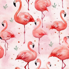 Cute seamless pattern hand drawn in watercolor of pink flamingos on a pastel pink rose background perfect for childrens clothes / apparel printing, poster design, wallpapers, scrapbooking, etc.
