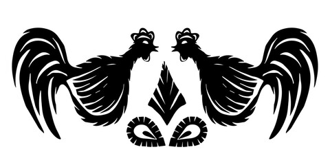 Decorative pattern with cut-out scissors Handmade Cockerels. Stylized roosters are decorated with floral ornaments. Rooster isolated on white background.