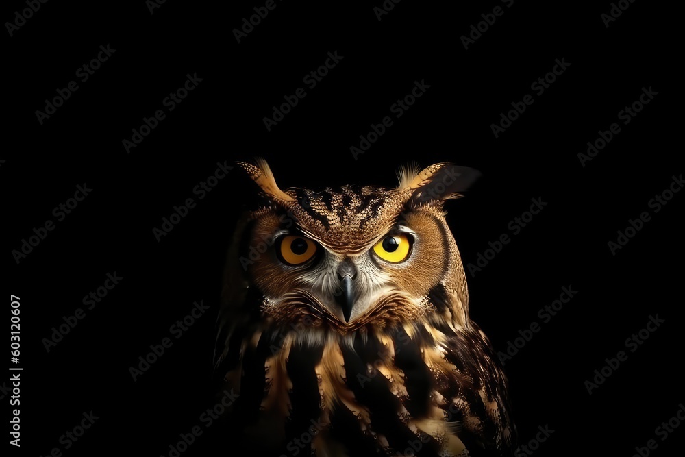 Poster close up of an owl on a dark background generative ai