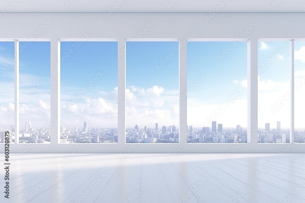 Poster an empty room with panoramic city view from large windows generative ai