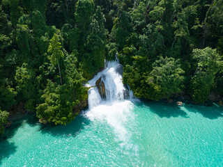 An amazing waterfall tumbles out of rainforest and into the ocean on the coast of West Papua, Indonesia. This beautiful area, near Momon, harbors extraordinary terrestrial and marine biodiversity.