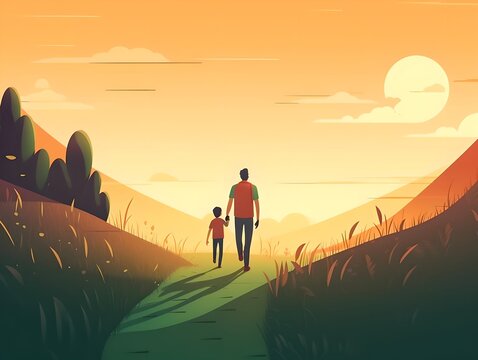 Father and son on a walk, generative ai illustration