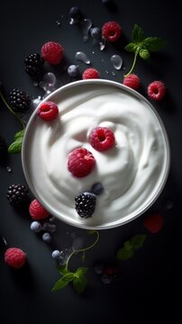 Fresh Organic Yogurt Dairy product Photorealistic Vertical Background. Lactose And Protein Rich Food. Ai Generated Lifelike Background with Tasty Creamy Yogurt Dairy product. Generative AI