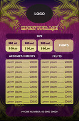 Fototapeta na wymiar Acai menu with purple background and coconut leaves.