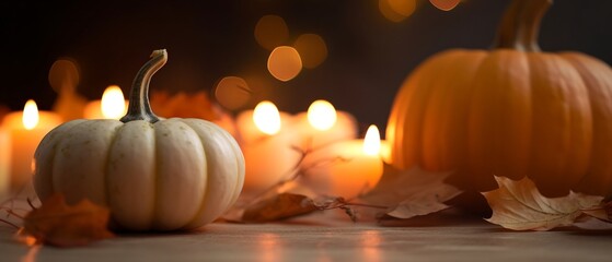 Pumkins and sparkling bokeh lights on the background, generative ai, copy space