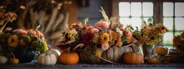 Obraz na płótnie Canvas Autumn themed outdoor dinner, banquet, generative ai, Thanksgiving eve
