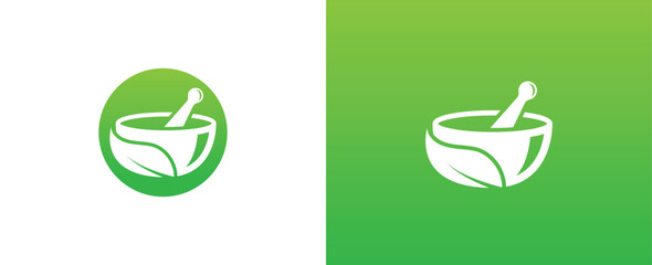 Mortar, Pestle and Leaf Ayurveda Logo Concept symbol icon sign Element Design. Health Care, Pharmacy, Medical, Herbal Medicine Logotype. Vector illustration template