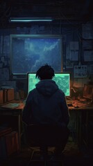  a person sitting at a desk in front of a computer, cyberpunk art, created with Generative AI technology