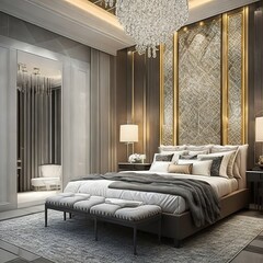 A bedroom with a large bed and a large wall mirror Generative AI