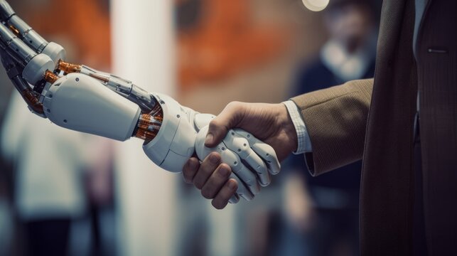  a man in a suit shaking hands with a robot created with Generative AI technology