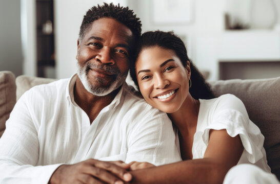 Portrait of happy mature Black couple at home. Generative AI.