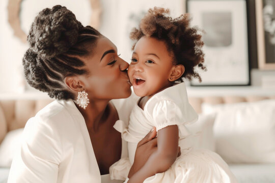 Portrait of happy Black wealthy mom kissing toddler in luxury home. Generative AI.