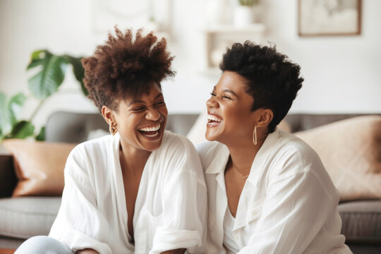 Portrait of Black women girlfriends laughing in luxury home. Generative AI.