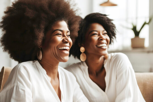 Portrait of Black women friends laughing in luxury home. Generative AI.