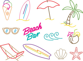 A colorful set of line art flat icons for summer vacation beach projects 