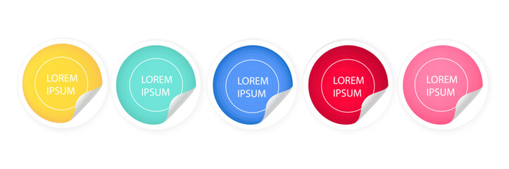 A set of paper, colorful stickers. Round labels with curled corners.Abstract geometric design template in circle shape. Vector illustration.
