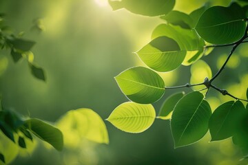 Fototapeta na wymiar vibrant green tree branch with leaves. Generative AI