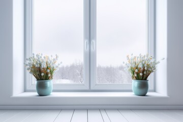 two colorful vases with fresh flowers sitting on a sunlit window sill Generative AI