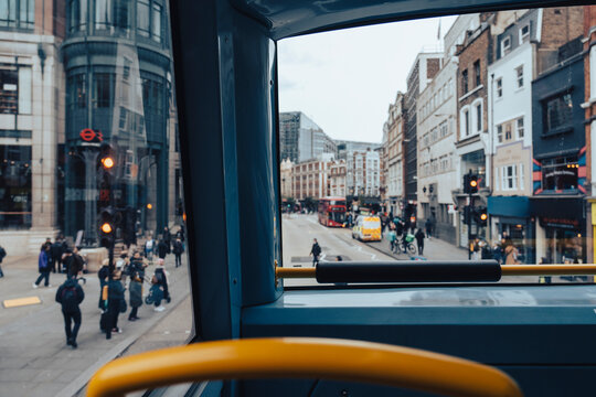 View from inside a bus through the streets of London