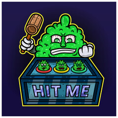 Cartoon Mascot Of Weed Bud Holding Hammer and Punch Machine Game. Perfect For Label, Cover, Packaging, and Product Design.