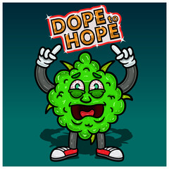 Cartoon Mascot of Weed Bud Pointing Up and Surprised Expression. Perfect For Label, Cover, Packaging, and Product Design.