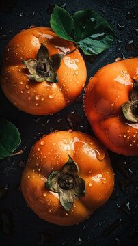 Fresh Organic Persimmon Fruit Photorealistic Vertical Background. Healthy Vegetarian Diet. Ai Generated Lifelike Background with Delicious Juicy Persimmon Fruit. Generative AI