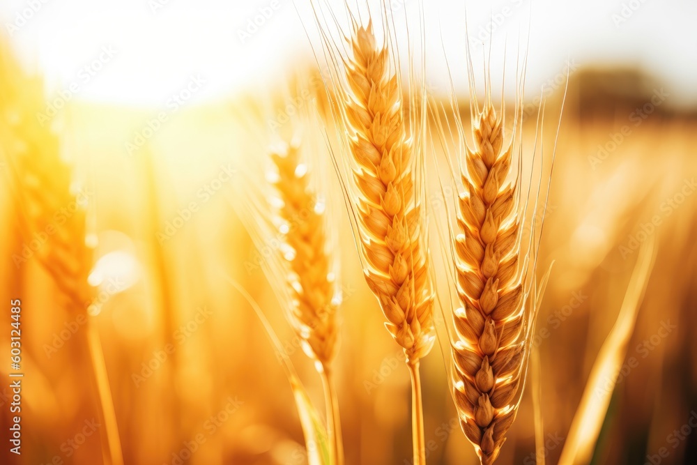 Poster golden wheat field with the sun shining in the background generative ai