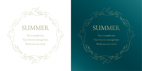 素材_フレームのセット_太陽と海と空をモチーフにした夏の飾り枠。ゴールドの高級感ある囲みのデザイン