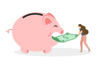 Flat design of rich woman save money vector, woman’s saving salary in piggy bank, flat design of financial management, Save money in piggy bank, money management vector, woman is investing for future.