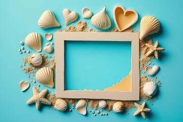 picture frame decorated with seashells and starfish. Generative AI