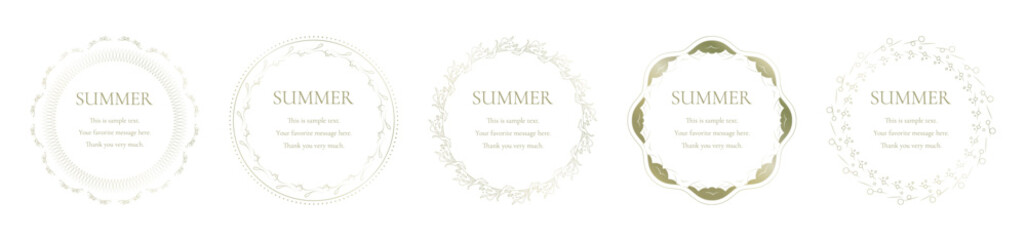 素材_フレームのセット_太陽と海と空をモチーフにした夏の飾り枠。ゴールドの高級感ある囲みのデザイン