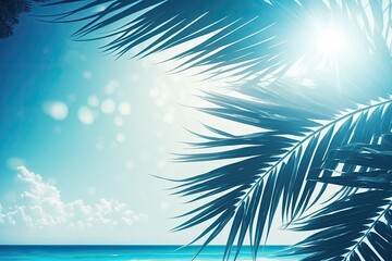 Tropical Beach with a Palm Tree in the Foreground. Generative AI